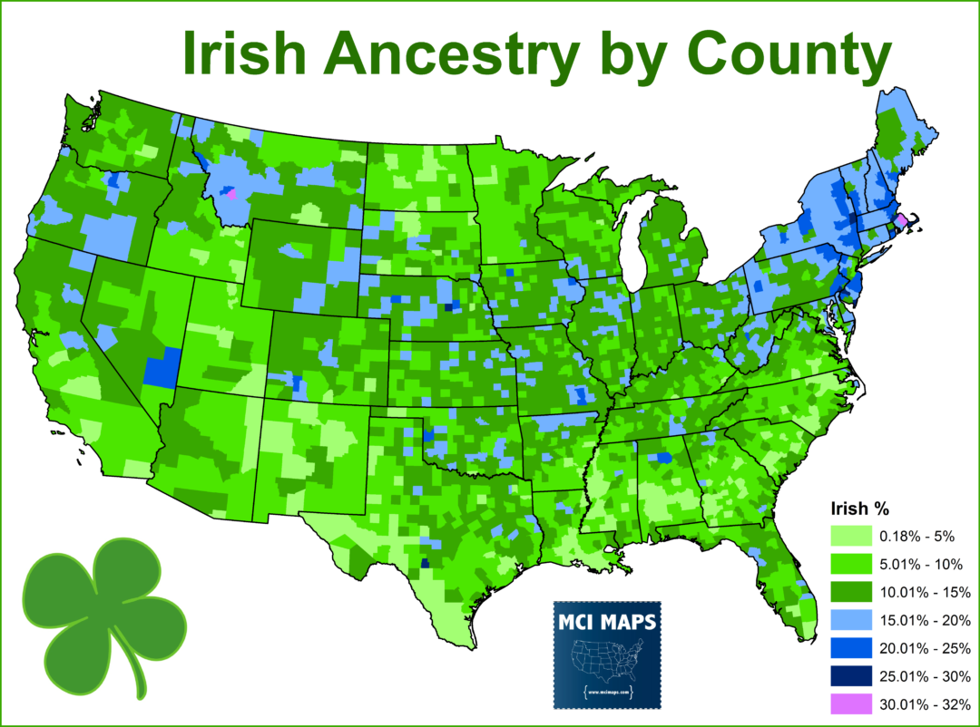Saint Patrick’s Day Article Irish Ancestry in America MCI Maps