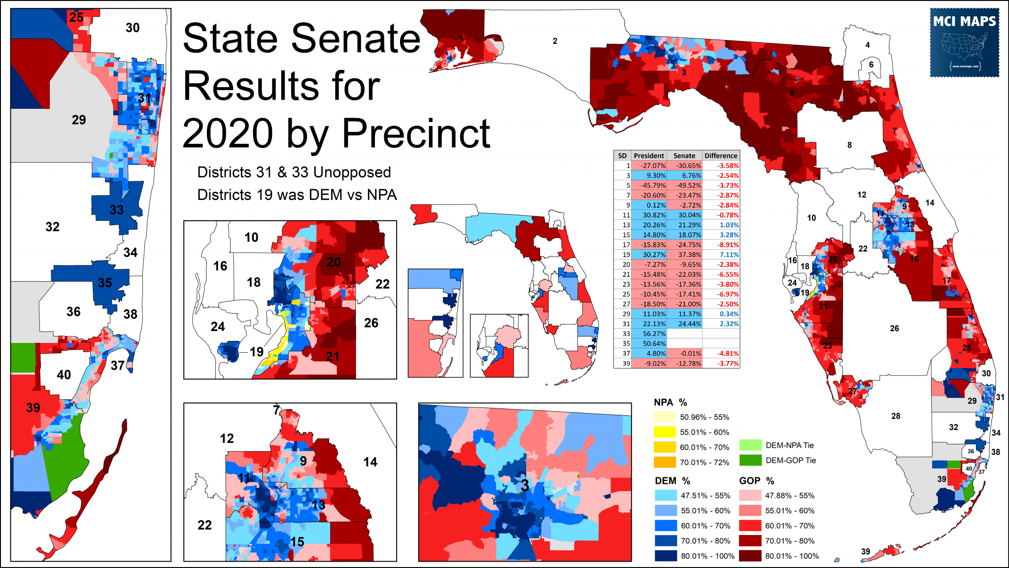 How Florida’s State Senate Districts Voted in 2020 MCI Maps