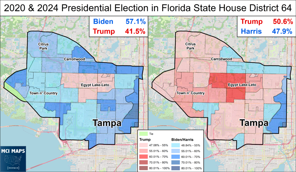 Two-panel map comparing elections in Florida State House District 64. Left shows 2020 results: Biden 57.1% vs Trump 41.5%; right shows 2024 results: Trump 50.6% vs Harris 47.9% with color-coded precincts.