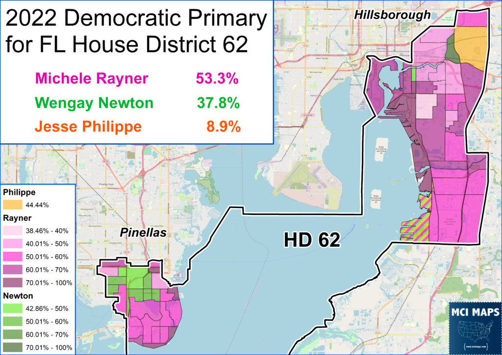 Election results: 2022 Democratic Primary for FL House District 62 — Michele Rayner 53.3%, Wengay Newton 37.8%, Jesse Philippe 8.9%; map shows district with color-coded areas.