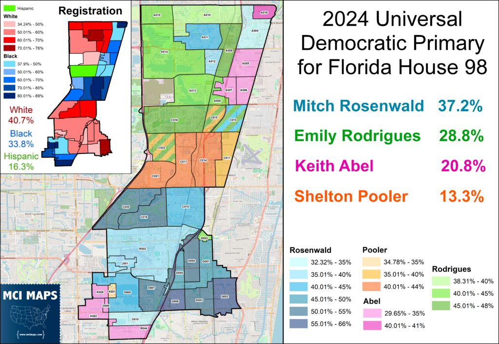 Map of the 2024 Florida House District 98 Democratic primary showing race/ethnicity demographics, precinct colors, and candidate vote percentages on the right panel.