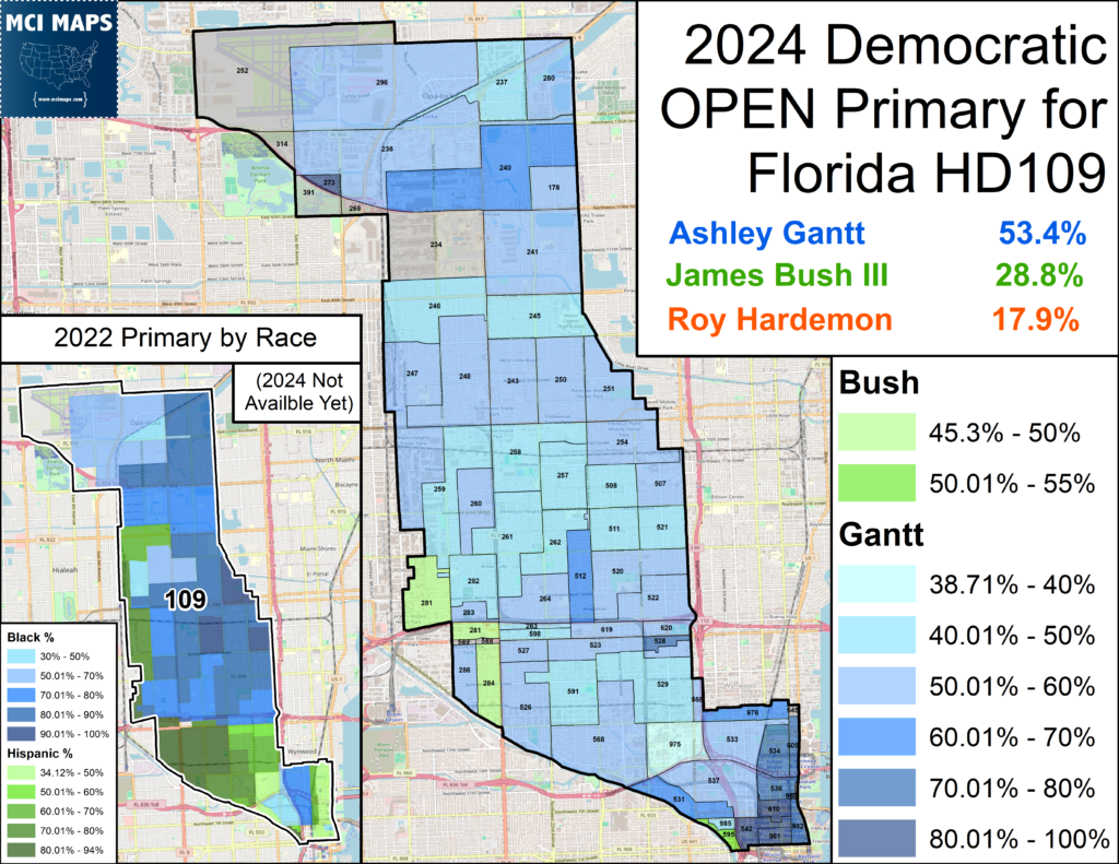 Map of the 2024 Florida House HD109 Democratic primary results by district, showing Ashley Gant leading with 53.4%, James Bush III 28.8%, Roy Hardemon 17.9%.