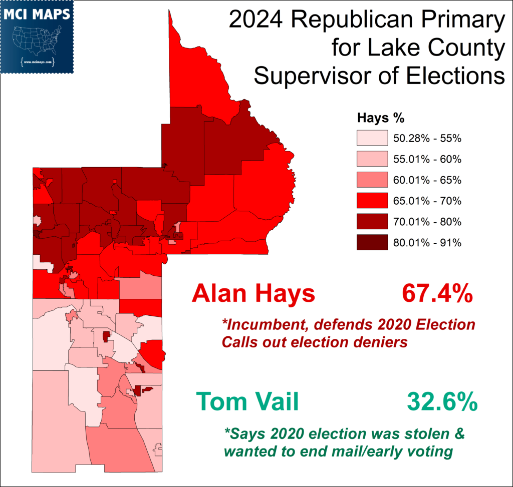 Map of 2024 Republican Primary results for Lake County showing county regions shaded from light pink to dark red by Hays percentage (percentage legend visible).