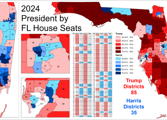 Composite map collage showing Florida House districts by party for the 2024 presidential election, with