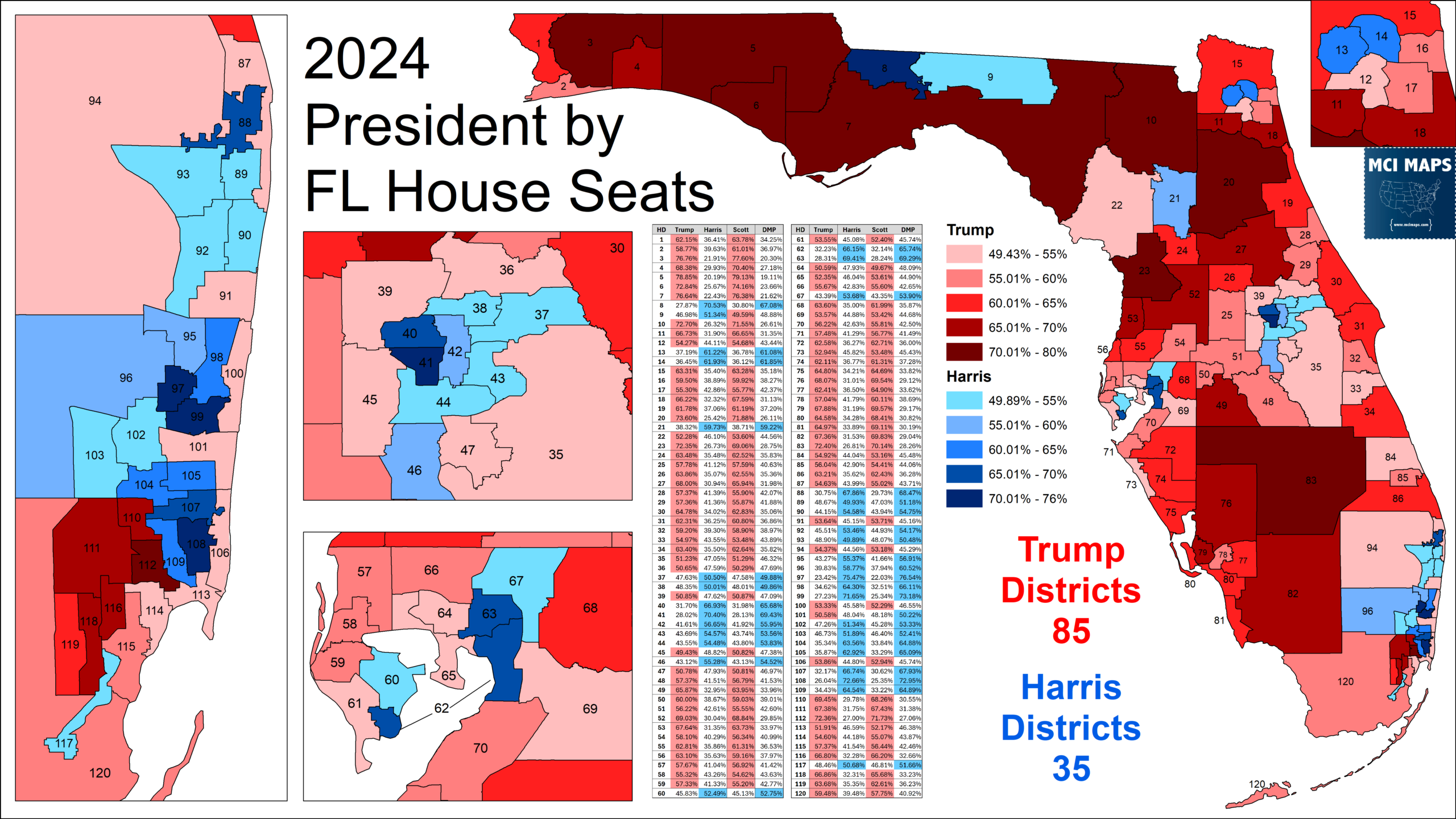 Composite map collage showing Florida House districts by party for the 2024 presidential election, with