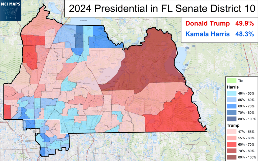 Map of Florida Senate District 10 2024 presidential results, showing Trump 49.9% and Harris 48.3% with color-coded districts and legend.