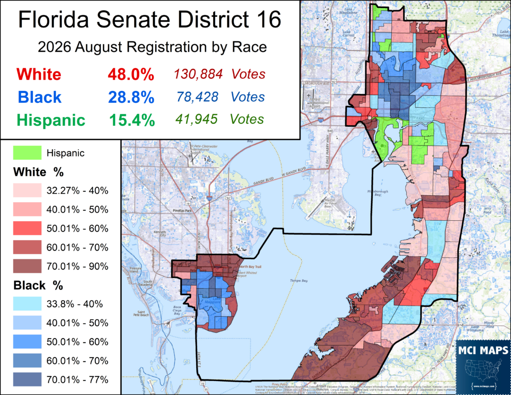 Infographic map showing Florida Senate District 16 with August 2026 race-registration by race: White 48.0% (130,884 votes), Black 28.8% (78,428 votes), Hispanic 15.4% (41,945 votes) and a color legend beside a district map on the right.