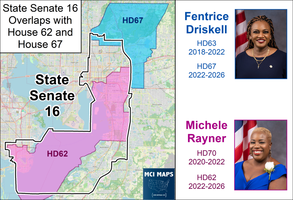Political collage map showing State Senate District 16 overlapping with House Districts 62 and 67, with colored overlays and candidate photos on the right.