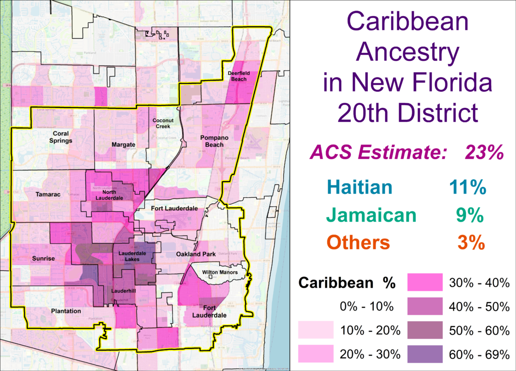 Map showing the Caribbean ancestry distribution across New Florida's 20th District with colored shading and a legend; right panel lists percentages for Caribbean, Haitian, Jamaican, and Others.