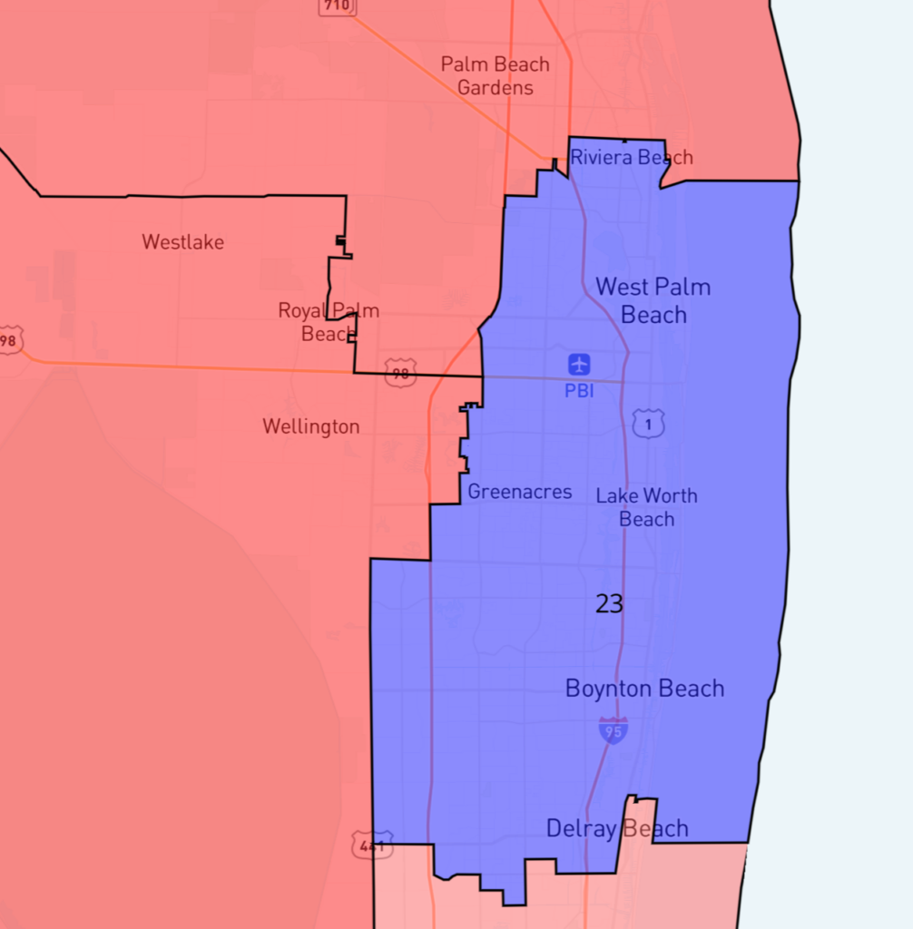 Color-coded political map of Palm Beach area showing blue and red regions along the coast, including West Palm Beach and Riviera Beach.]How to fix?