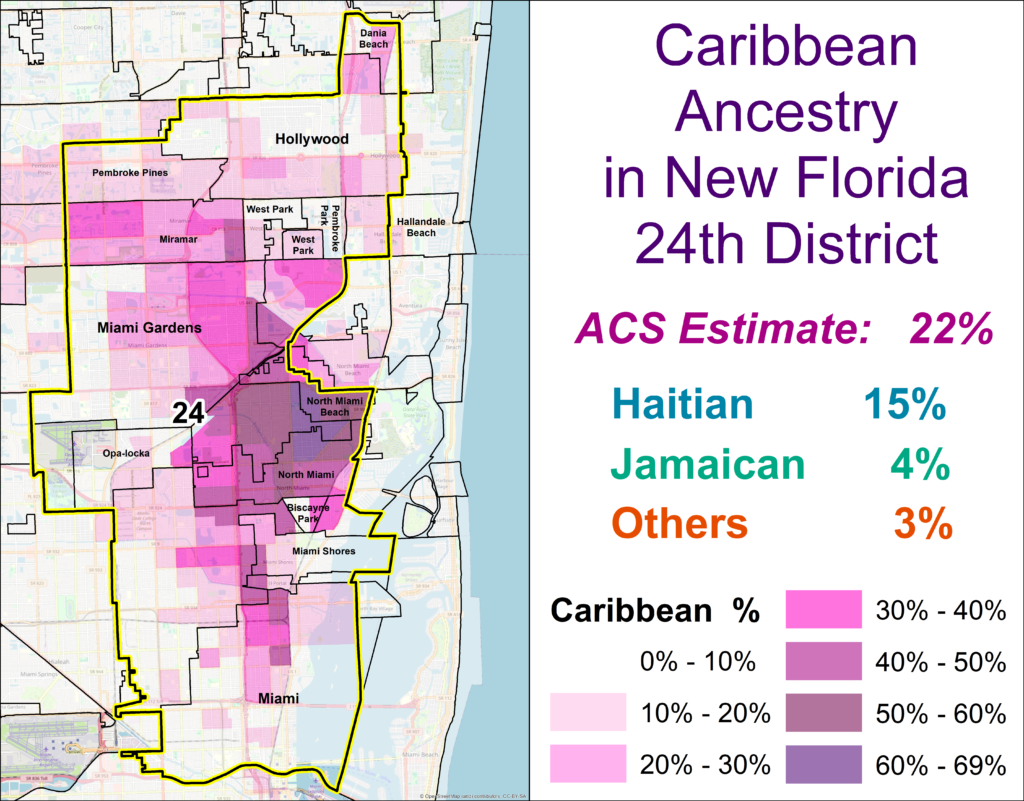 Split image: left a color-coded map of Miami with bold yellow district outlines; right a white panel showing Caribbean ancestry data for Florida's 24th District with large purple title and percentage bars.