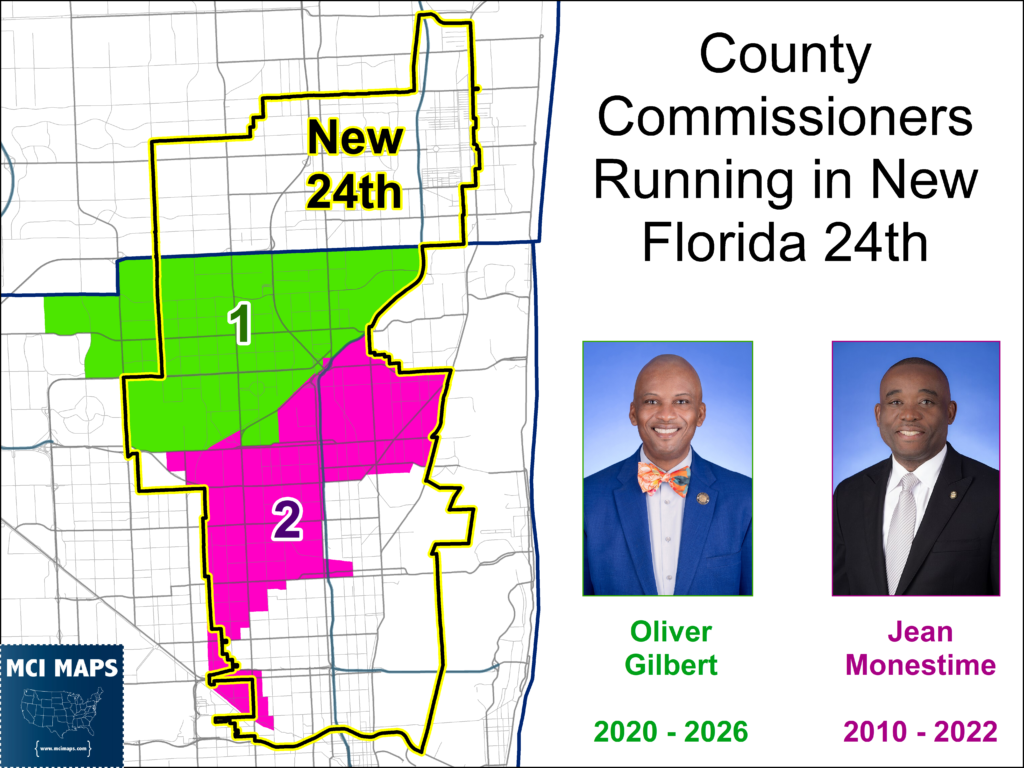 Infographic map of county districts with color‑coded areas and the heading 'County Commissioners Running in New Florida 24th', plus portrait photos of candidates Oliver Gilbert and Jean Monestime.