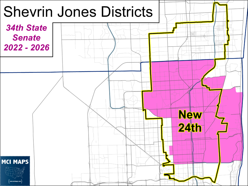 'Shevrin Jones Districts' banner with '34th State Senate 2022-2026' text; map showing districts outlined in yellow and filled pink on the right side, with a blue border and a 'New 24th' label partially visible.