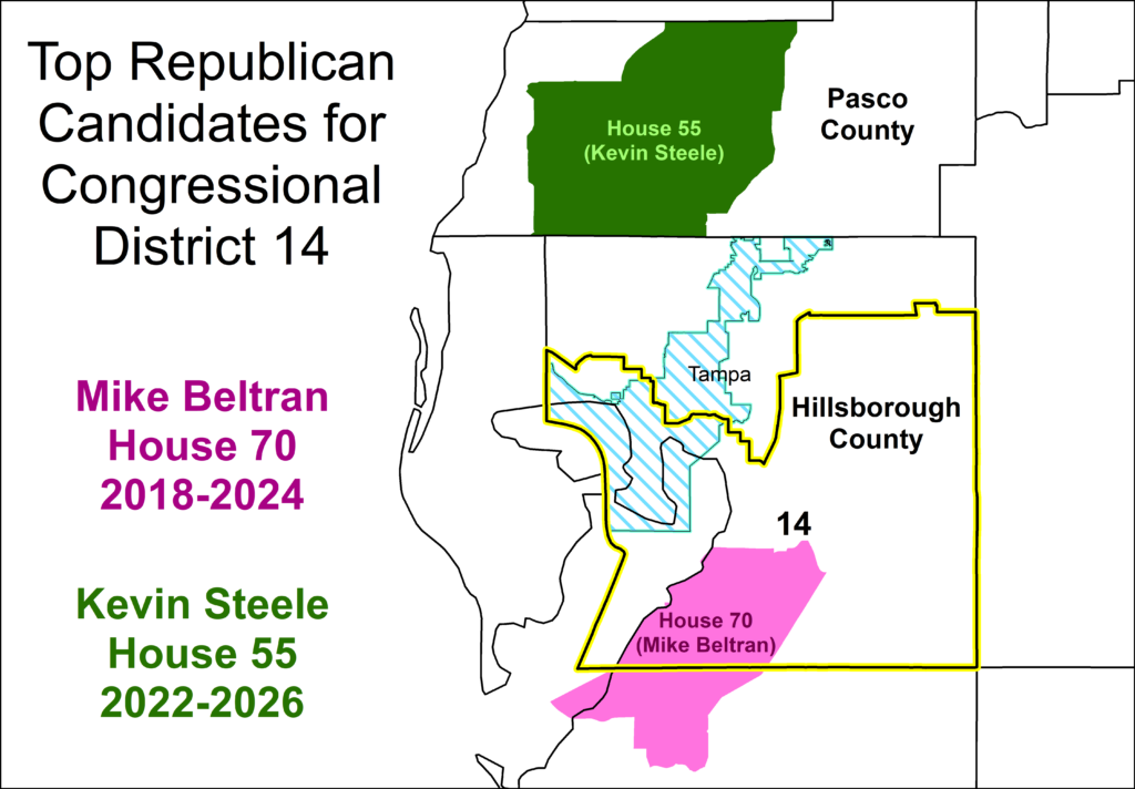 Infographic map showing top Republican candidates for Congressional District 14: Kevin Steele (House 55) in green and Mike Beltran (House 70) in pink, with county labels nearby.