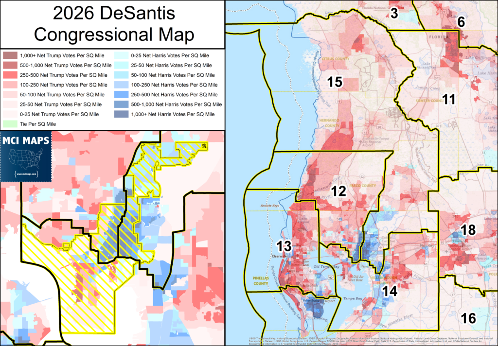 Collage map titled '2026 DeSantis Congressional Map' showing yellow-outlined districts, a color legend of Trump votes per square mile, and district numbers (3–18).