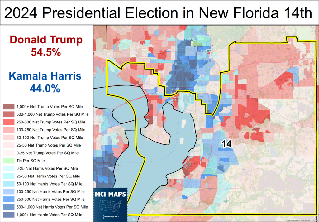 Infographic showing 2024 presidential results for Florida's 14th district: Trump 54.5% and Harris 44.0%, over a color-coded precinct map with a yellow border and a legend of vote-per-square-mile ranges.