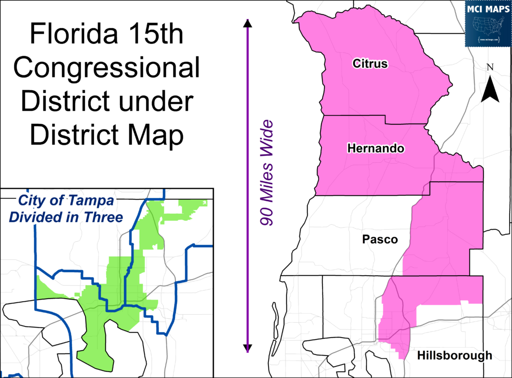 Map showing Florida's 15th Congressional District with the pink highlighted area across Citrus and Hernando counties.