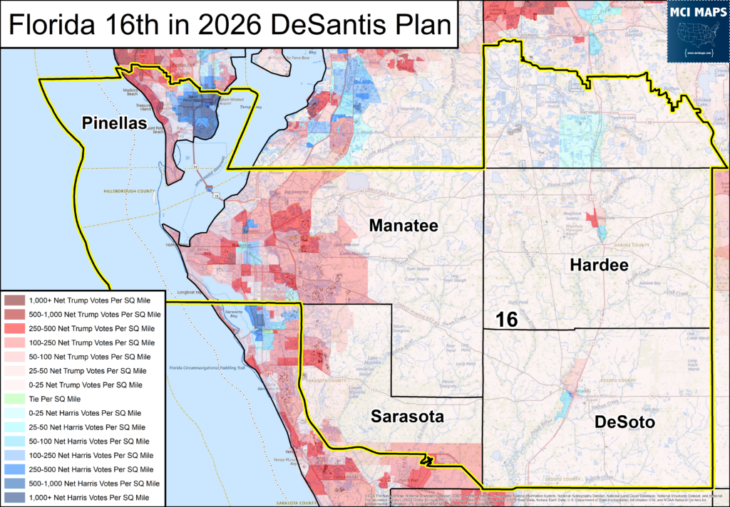 Map showing Florida's 16th district under the 2026 DeSantis Plan, with yellow county outlines, color-coded voting-density legend (Trump votes per sq mile) and county labels like Pinellas, Manatee, Sarasota.