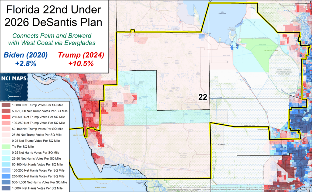 Map of Florida's 22nd district proposed under the 2026 DeSantis plan, showing a thick yellow boundary and color-coded vote-density data.
