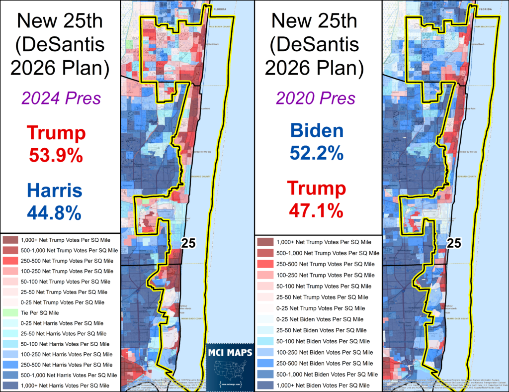 Three-panel political map collage: left panel shows 2024 Harris win and vote percentages, center panel shows 2020 Biden lead, right panel previews 2026 DeSantis plan, with county color map and yellow borders.