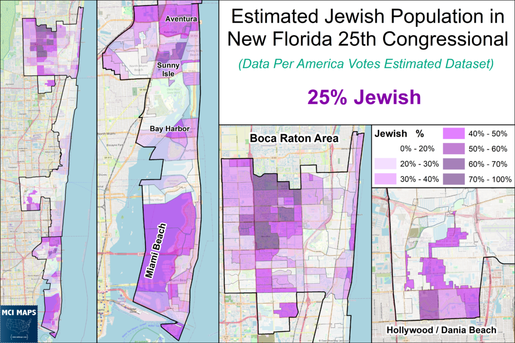 Infographic map collage showing estimated Jewish population by district in southern Florida; color-coded percentages from 0–20% up to 70–100%, with a large title about the Estimated Jewish Population in the 25th Congressional district and a bold '25% Jewish' label.