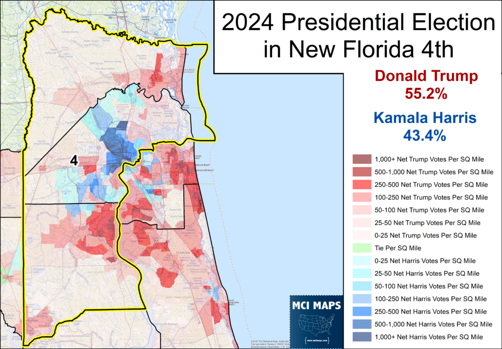 Election map of Florida's 4th district showing Donald Trump leading with 55.2% and Kamala Harris with 43.4%. Colored county results and legend present.