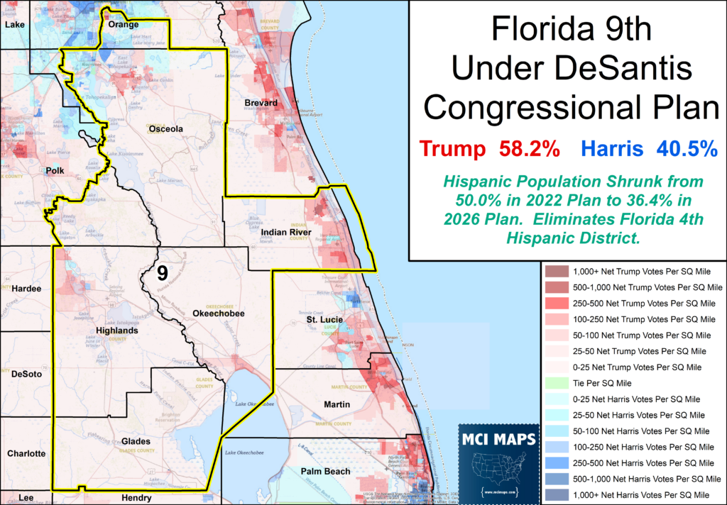 Map of Florida’s 9th district showing borders and a right-side panel with election results: Trump 58.2%, Harris 40.5%, plus Hispanic population note.