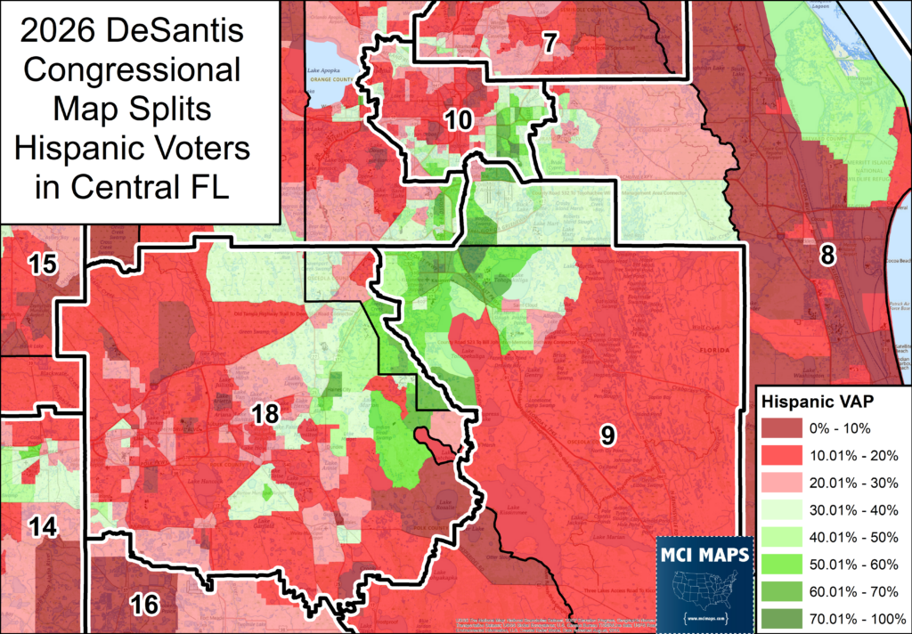 Map of 2026 DeSantis congressional districts in central Florida, showing red/green shading by Hispanic VAP percentages with bold district borders and numbers.