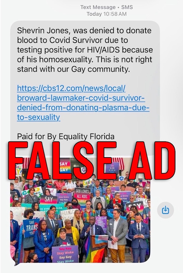 Screenshot of a text message making an HIV/AIDS donation false claim about Shevrin Jones, with a link and 'Paid for By Equality Florida'; bottom shows a protest crowd with a red FALSE AD watermark.