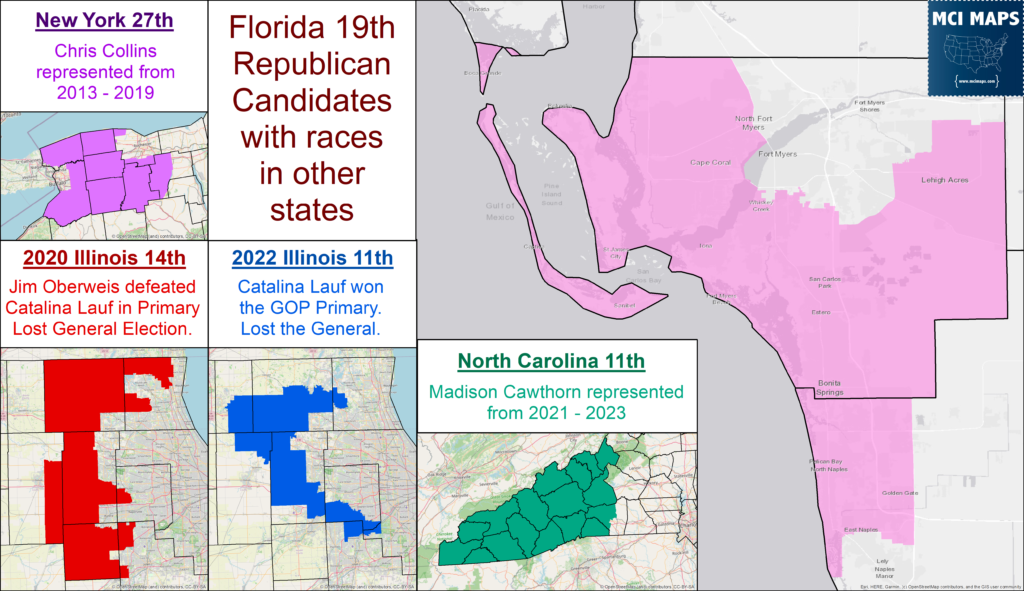 Composite collage of election-related map tiles and headlines, including district maps of New York 27th, Florida 19th, Illinois 14th and 11th, plus a large pink/gray map area and a MCI Maps logo in the corner.