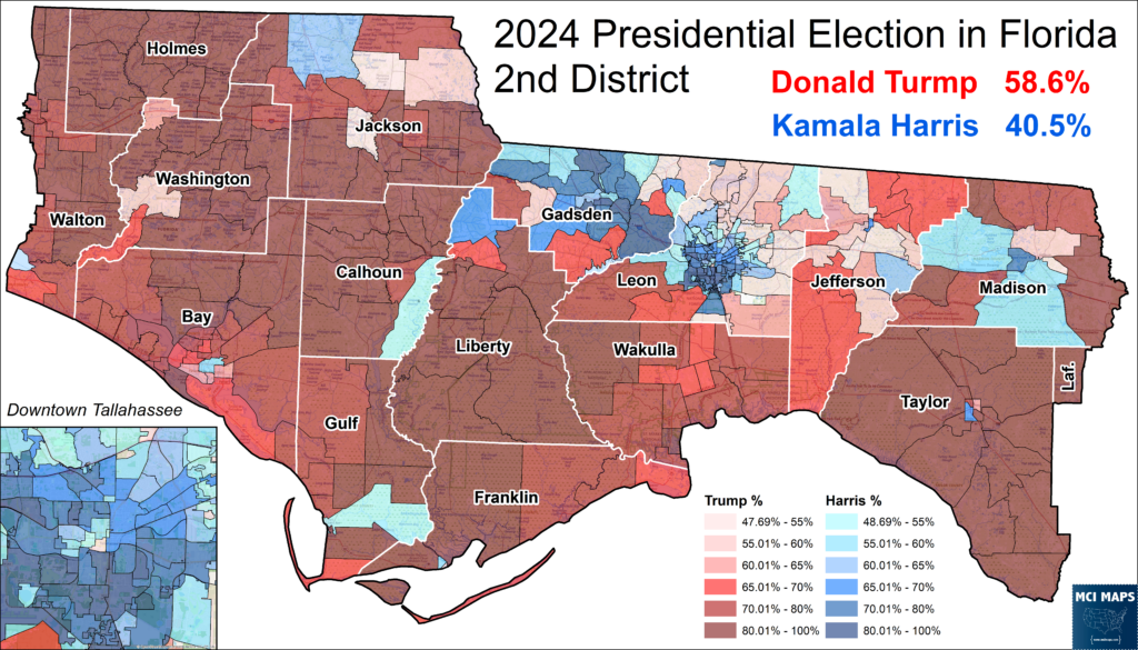 Map of Florida's 2nd District presidential results, 2024: Trump 58.6% (red) and Harris 40.5% (blue) by county; counties labeled and color-coded by vote share.