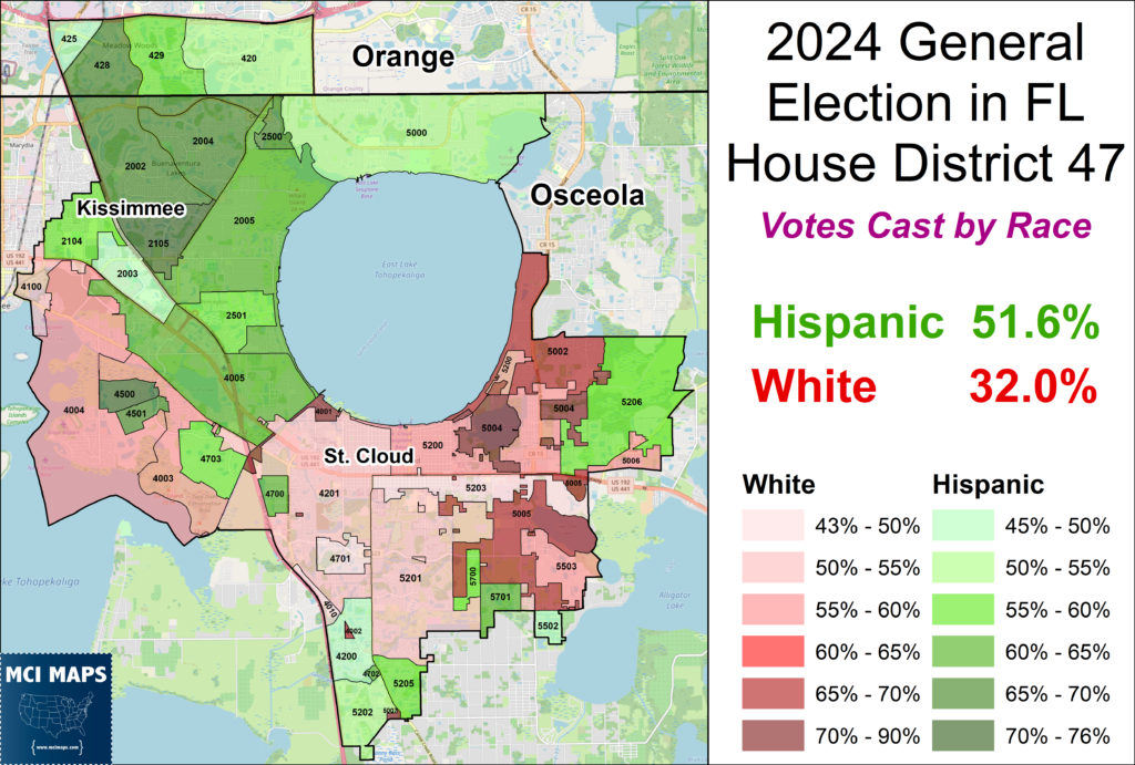 Map of Florida House District 47 area showing colored census/precinct districts around Kissimmee, Orlando, and Osceola, with a side panel displaying 2024 election vote-by-race data (Hispanic 51.6%, White 32.0%). The left map uses green, pink, and brown shades to represent different districts and demographic densities, while the right panel presents large title text and percentage figures.