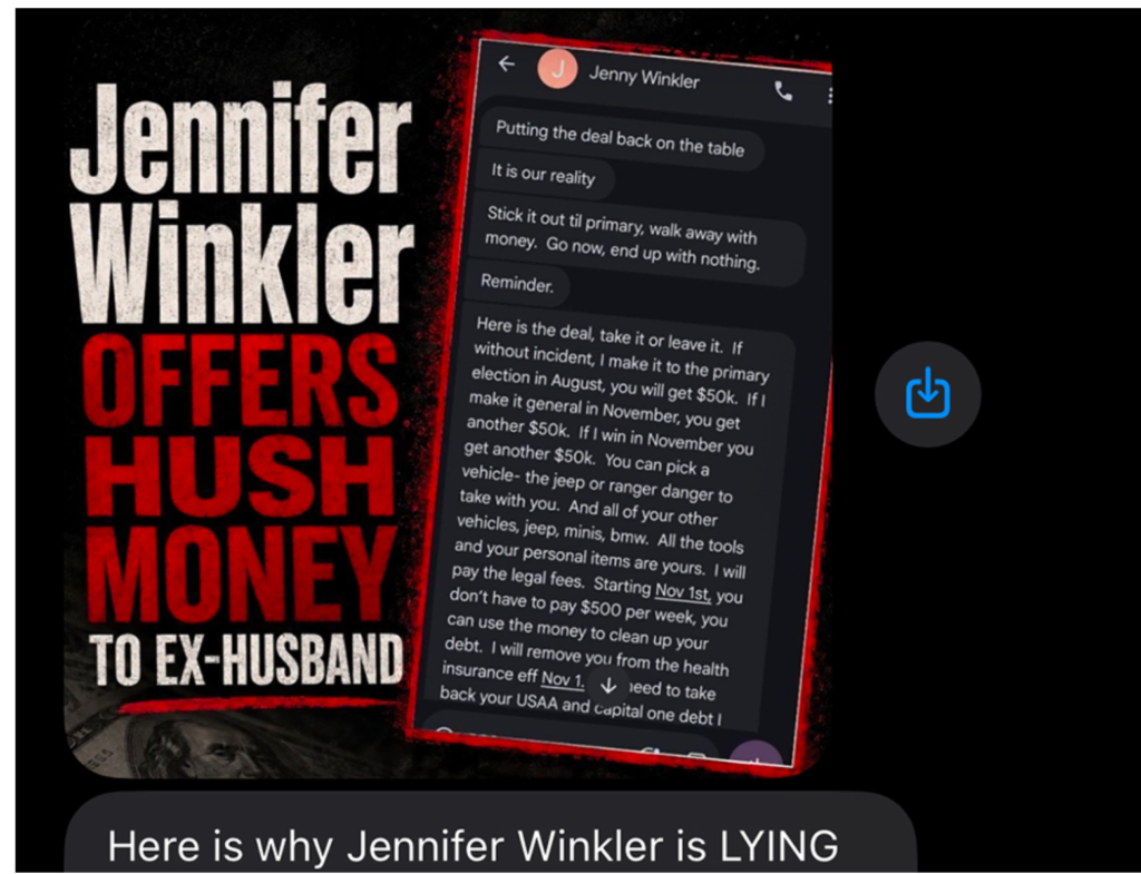 Graphic thumbnail claiming Jennifer Winkler offers hush money to ex-husband, with a tilted phone showing chat messages