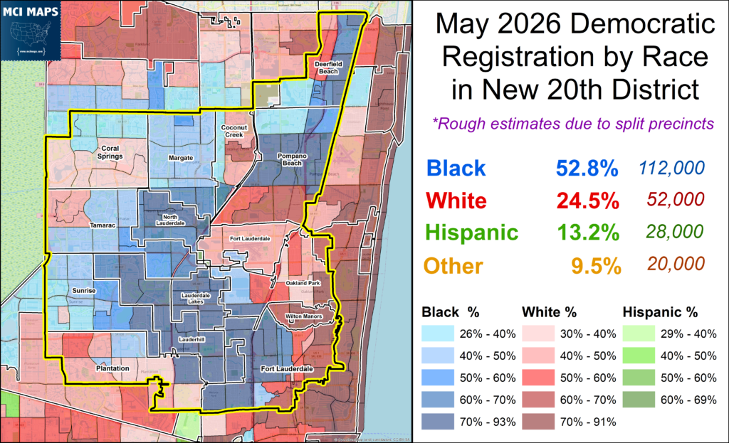 Map showing demographic registration by race in the 20th District with color-coded precincts and highlighted boundary.