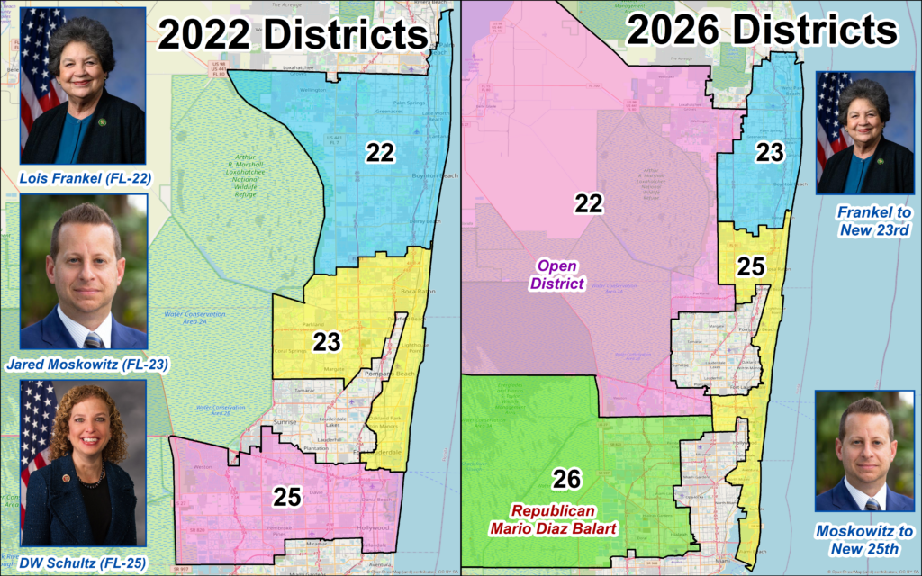 Side-by-side map comparing 2022 and 2026 Florida congressional districts, with district numbers and portraits of candidates.
